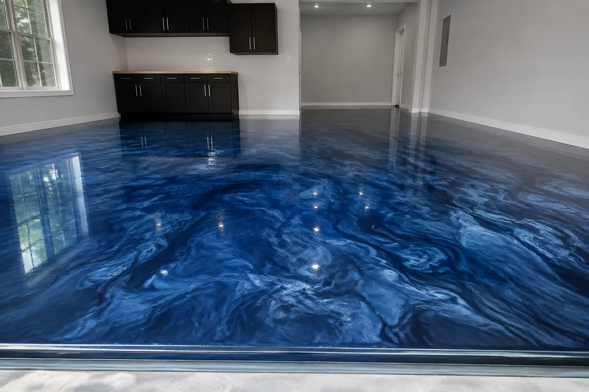 Deep cobalt and navy metallic epoxy garage floor