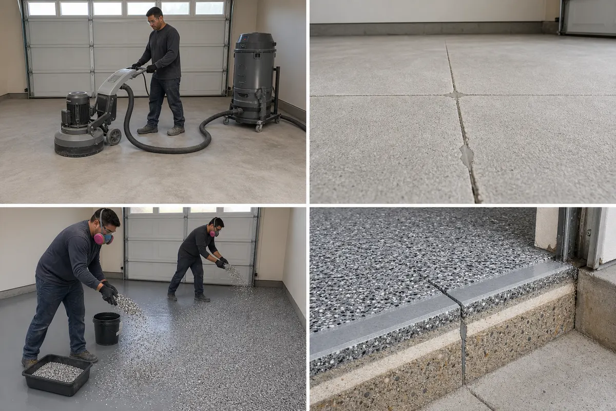 Four-panel sequence of grinding concrete repairing defects broadcasting flakes and showing a finished coating cross-section