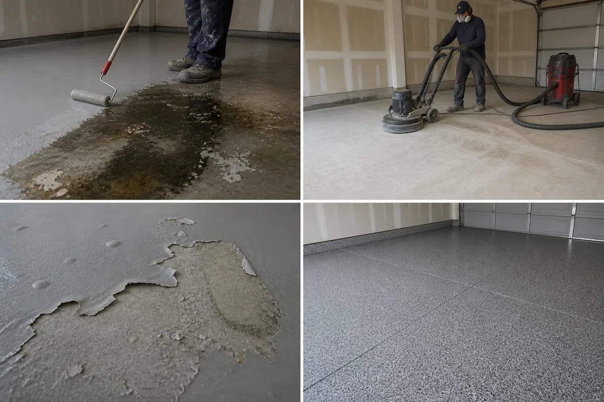 Four-panel comparison of coating over contaminated concrete and proper mechanical preparation before a full-flake finish