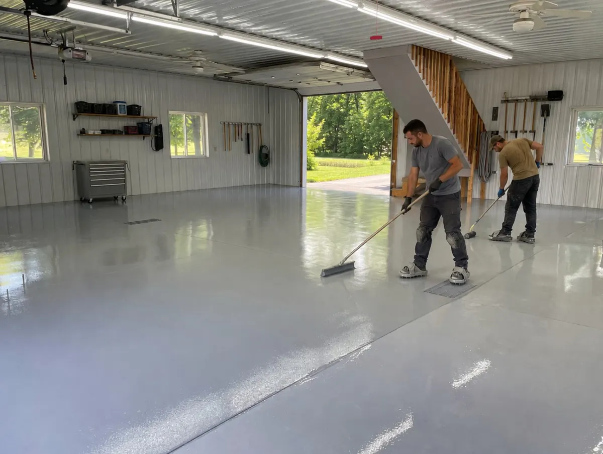Installers applying a garage floor coating after removal and mechanical preparation