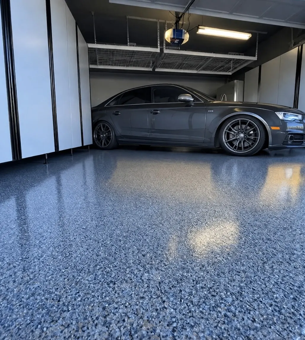 Gray flake floor under daily parking shown as a service example for Dallas, Texas