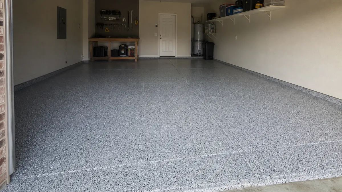 Natural gray full-flake garage floor in a finished two-car garage