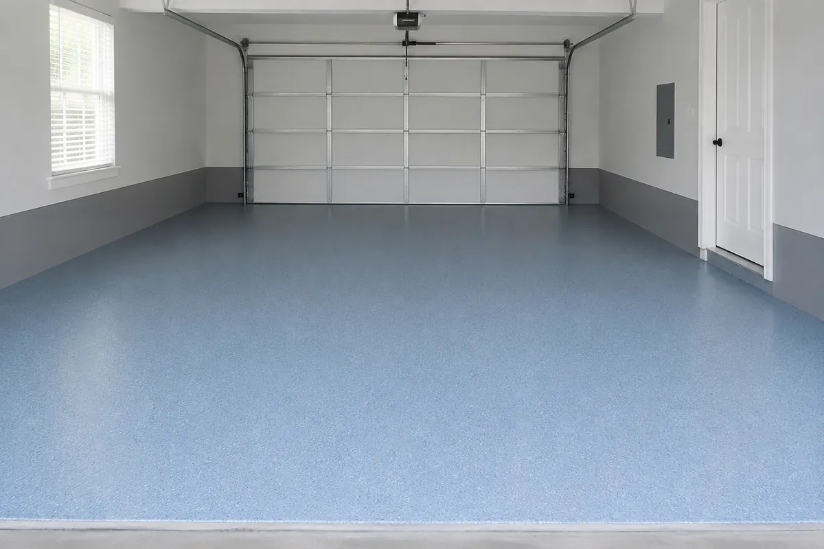 Sky-blue solid-color resin floor in a clean two-car garage