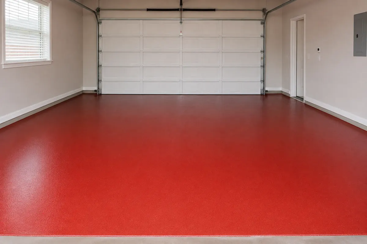 Solid red resin floor in a clean two-car garage