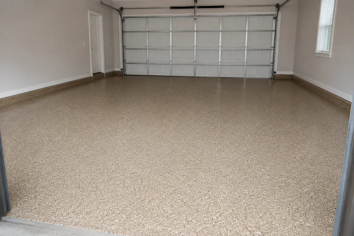 Tan cream and gray quartz broadcast garage floor