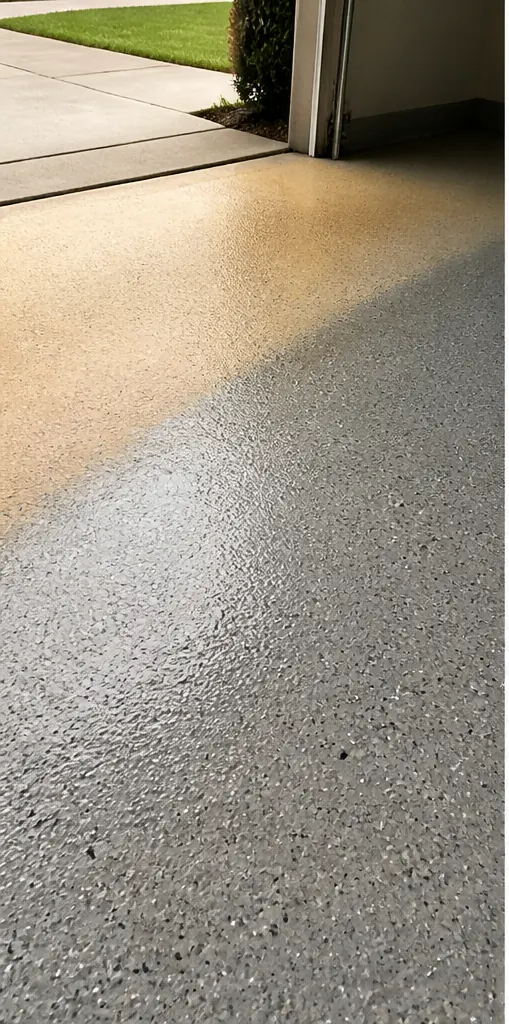 Yellowing garage floor coating near the open door